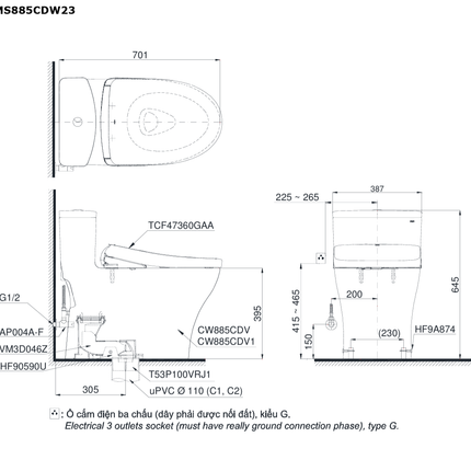 Bồn Cầu Điện Tử TOTO MS885CDW23#XW Nắp Rửa Washlet TCF47360GAA S7 Giấu Dây
