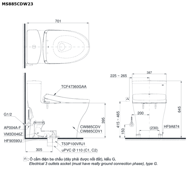 Bồn Cầu Điện Tử TOTO MS885CDW23#XW Nắp Rửa Washlet TCF47360GAA S7 Giấu Dây
