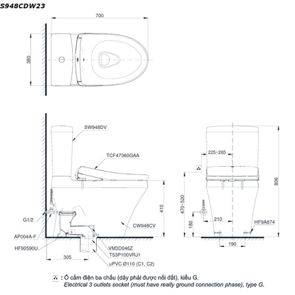 Bồn Cầu Điện Tử TOTO CS948CDW23#XW Washlet Giấu Dây Nắp TCF47360GAA S7