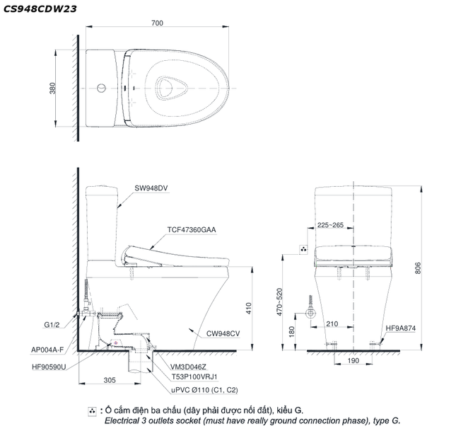 Bồn Cầu Điện Tử TOTO CS948CDW23#XW Washlet Giấu Dây Nắp TCF47360GAA S7