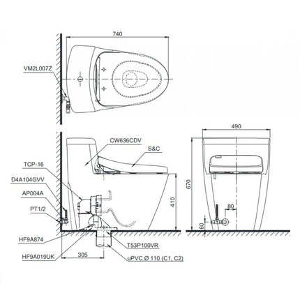 Bồn Cầu TOTO MS636CDW10#XW Nắp Điện Tử Washlet TCF4731ACS