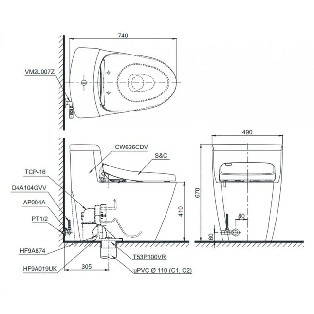 Bồn Cầu TOTO MS636CDW10#XW Nắp Điện Tử Washlet TCF4731ACS