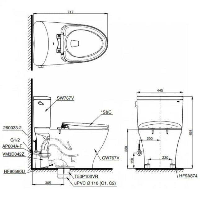 Bồn Cầu Điện Tử TOTO CS767CRW23#XW Nắp Rửa Washlet TCF47360GAA S7 Giấu Dây