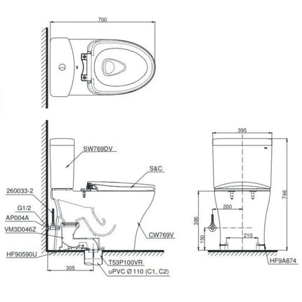 Bồn Cầu Điện Tử TOTO CS769CDRW23#XW Nắp Rửa Washlet TCF47360GAA S7 Giấu Dây