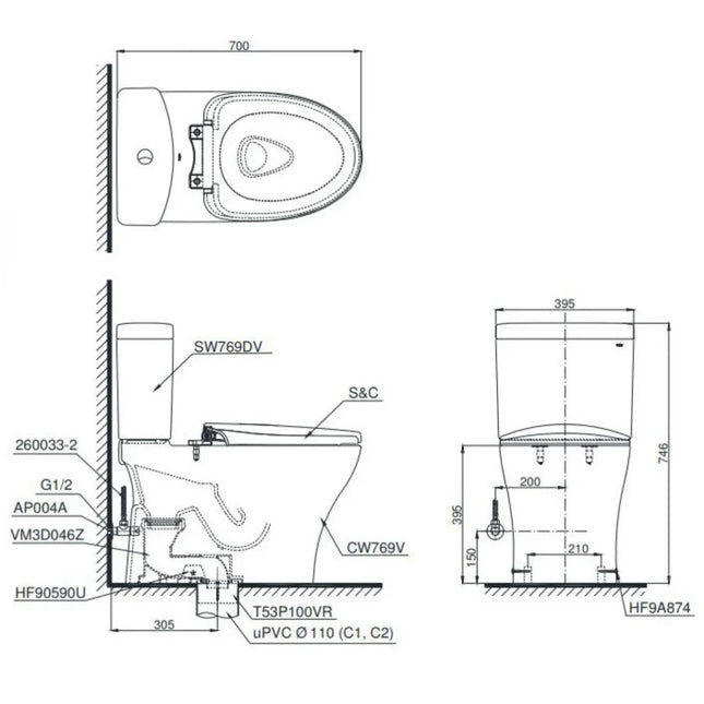 Bồn Cầu Điện Tử TOTO CS769CDRW23#XW Nắp Rửa Washlet TCF47360GAA S7 Giấu Dây
