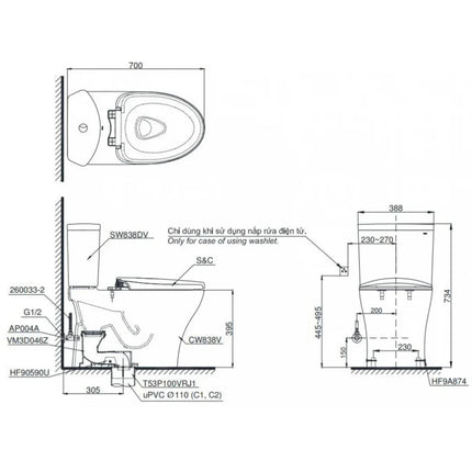 Bồn Cầu Điện Tử TOTO CS838CDW23#XW Nắp Washlet TCF47360GAA Dòng S7 Giấu Dây