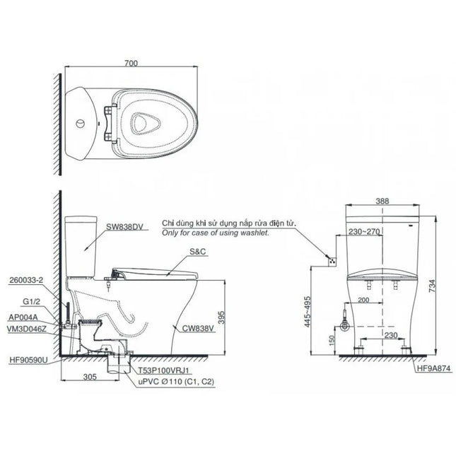 Bồn Cầu Điện Tử TOTO CS838CDW23#XW Nắp Washlet TCF47360GAA Dòng S7 Giấu Dây