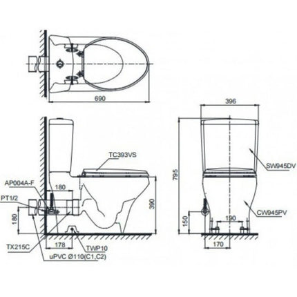 Bồn Cầu Điện Tử TOTO CS945PDW18#XW Nắp Rửa Washlet TCF23710AAA C2 Simple Thoát Ngang
