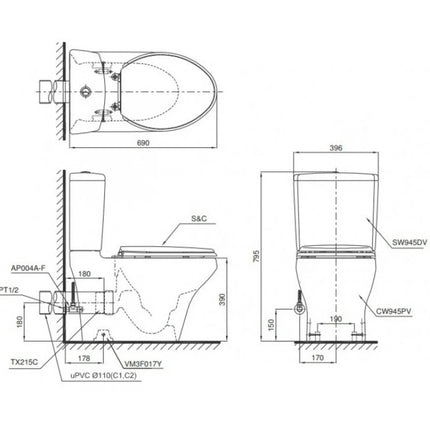 Bồn Cầu Hai Khối TOTO CS945PDT10#XW Thoát Ngang