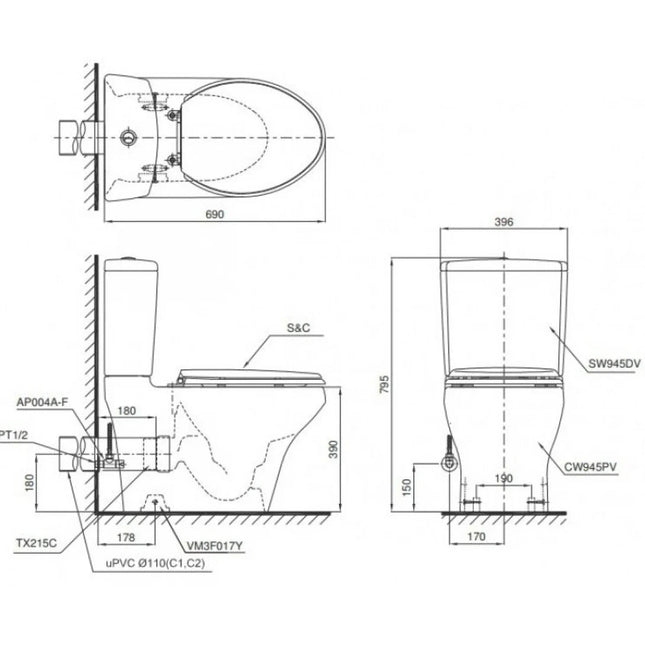 Bồn Cầu Hai Khối TOTO CS945PDT10#XW Thoát Ngang