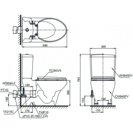 Bồn Cầu Điện Tử TOTO CS945PDW16#XW Nắp Rửa Washlet TCF23410AAA C2 Thoát Ngang