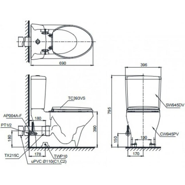 Bồn Cầu Điện Tử TOTO CS945PDW16#XW Nắp Rửa Washlet TCF23410AAA C2 Thoát Ngang