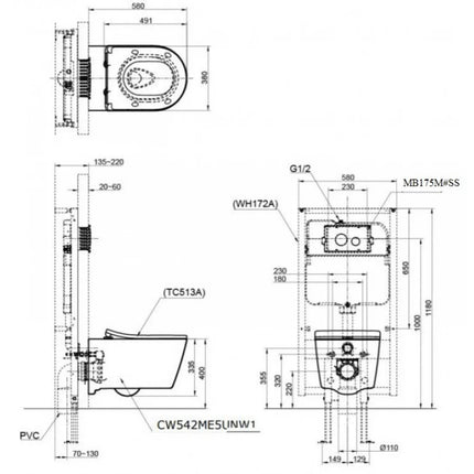 Bồn Cầu TOTO CW542ME5UNW1 TC513A WH172A MB175M#SS Treo Tường