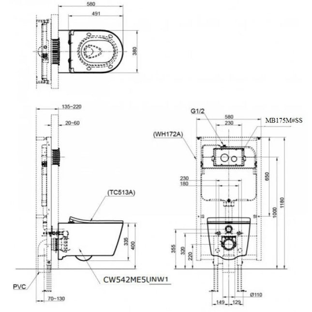 Bồn Cầu TOTO CW542ME5UNW1 TC513A WH172A MB175M#SS Treo Tường