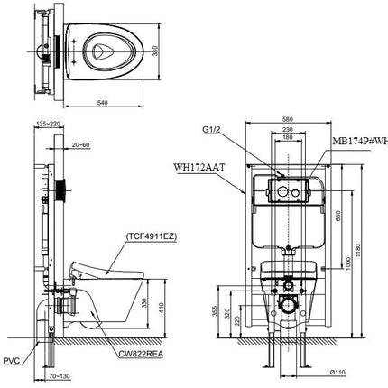 Bồn Cầu TOTO CW822REA#W TCF4911EZ#NW1 WH172AT TCA465 Nắp Điện Tử Treo Tường