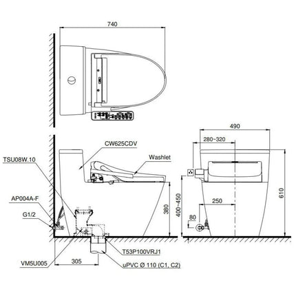 Bồn Cầu Điện Tử TOTO MS625CDW23 Nắp Rửa Washlet TCF47360GAA S7 Giấu Dây
