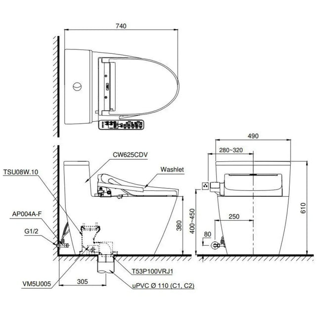 Bồn Cầu Điện Tử TOTO MS625CDW23 Nắp Rửa Washlet TCF47360GAA S7 Giấu Dây
