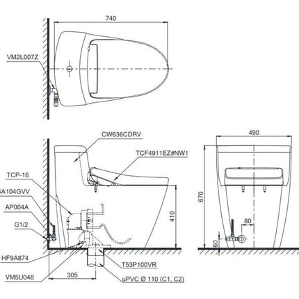 Bồn Cầu Điện Tử TOTO MS636CDRW23 Nắp Rửa Washlet TCF47360GAA S7 Giấu Dây
