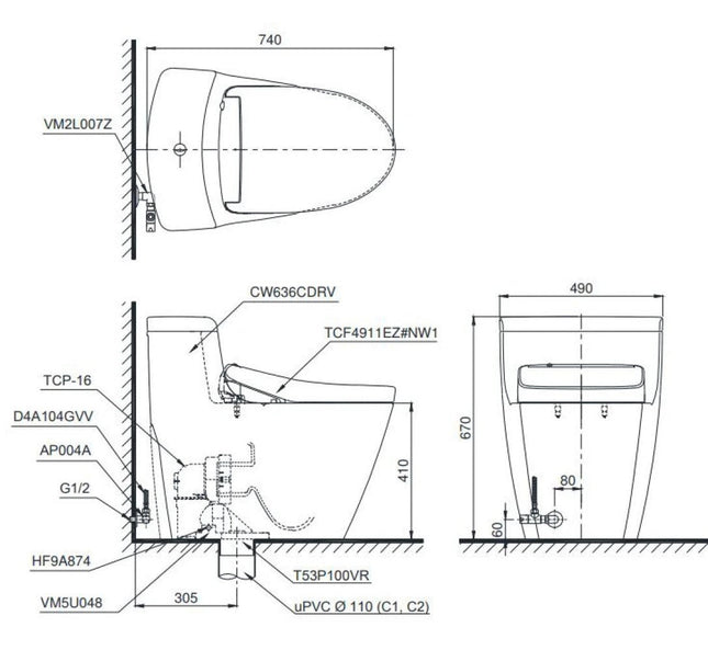 Bồn Cầu Điện Tử TOTO MS636CDRW23 Nắp Rửa Washlet TCF47360GAA S7 Giấu Dây