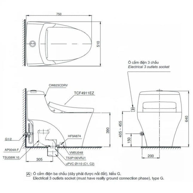 Bồn Cầu Điện Tử TOTO MS823CDRW23 Nắp Washlet TCF47360GAA S7 Giấu Dây