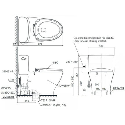 Bồn Cầu Điện Tử TOTO MS887CRW23#XW Nắp Rửa Washlet TCF47360GAA S7 Giấu Dây