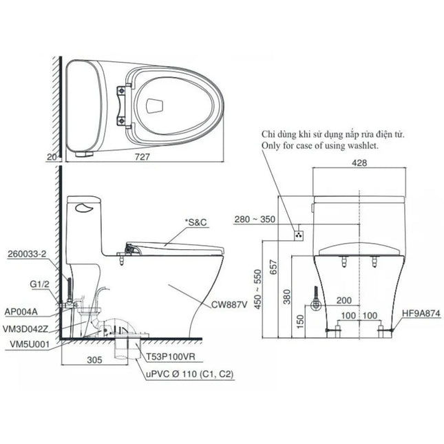 Bồn Cầu Điện Tử TOTO MS887CRW23#XW Nắp Rửa Washlet TCF47360GAA S7 Giấu Dây