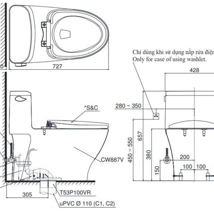 MS887CRW12#XW - Bàn cầu một khối kèm nắp rửa điện tử WASHLET