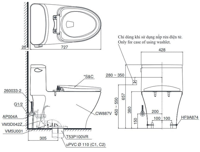 Bàn Cầu TOTO MS887RE2 (MS887E2) Một Khối Nắp Cơ