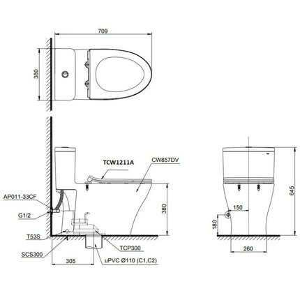 Bồn Cầu TOTO MS857DE4#XW Nắp Cơ Ecowasher TCW1211A