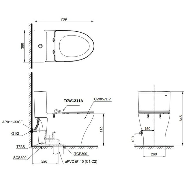 Bồn Cầu TOTO MS857DE4#XW Nắp Cơ Ecowasher TCW1211A