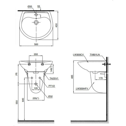 Chậu Lavabo TOTO LHT300CR#W Treo Tường Chân Ngắn