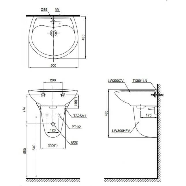 Chậu Lavabo TOTO LHT300CR#W Treo Tường Chân Ngắn