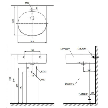 Chậu Lavabo TOTO LPT766C#XW Treo Tường Chân Dài