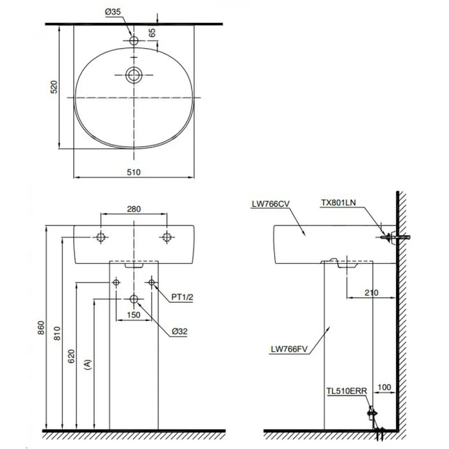 Chậu Lavabo TOTO LPT766C#XW Treo Tường Chân Dài