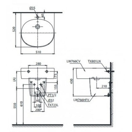 Chậu Rửa Lavabo TOTO LHT766CR#XW Treo Tường Chân Ngắn