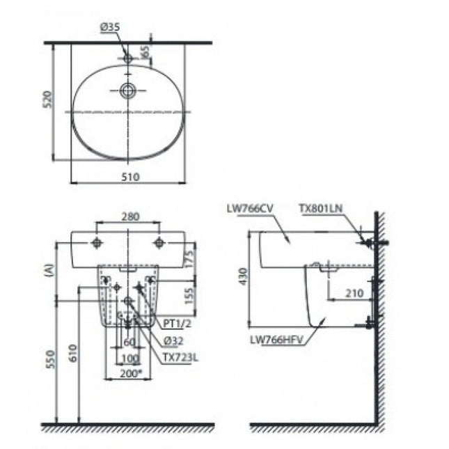 Chậu Rửa Lavabo TOTO LHT766CR#XW Treo Tường Chân Ngắn