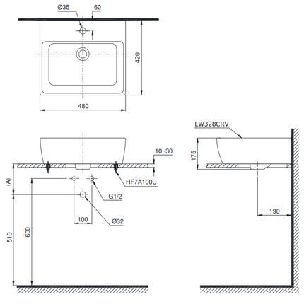 Chậu Rửa Lavabo TOTO LT328CTR#XW Đặt Bàn 480x420 mm
