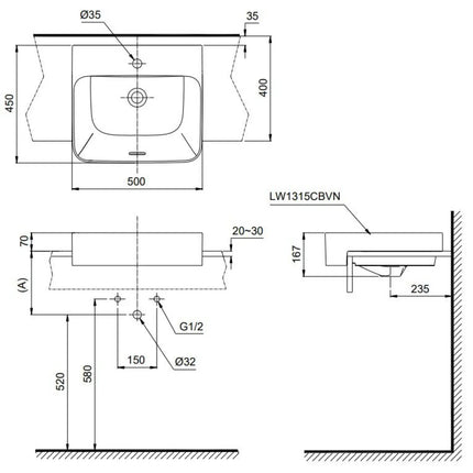 Chậu Lavabo TOTO LW1315CBVN#XW Bán Âm Bàn 500x450 mm