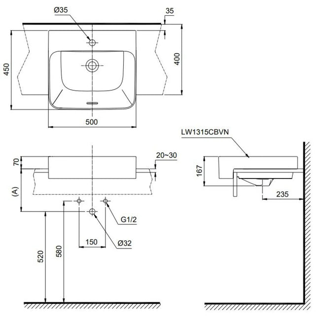 Chậu Lavabo TOTO LW1315CBVN#XW Bán Âm Bàn 500x450 mm
