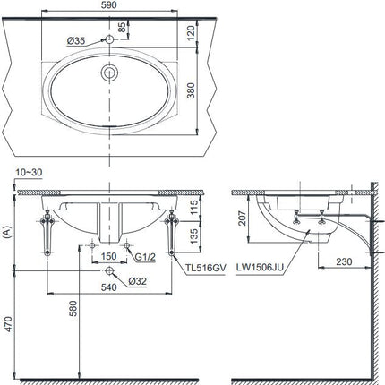 Chậu Lavabo TOTO LW1506V#XW Âm Bàn Oval