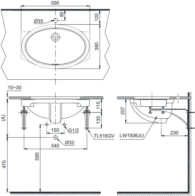 Chậu Lavabo TOTO LW1506V#XW Âm Bàn Oval