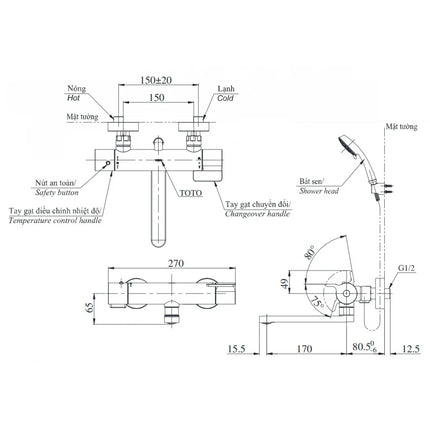 Vòi Sen Tắm Nhiệt Độ Nhật TOTO TBV03427V TBW01008A Xả Bồn