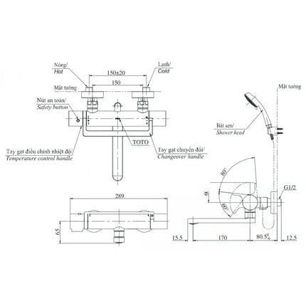 Vòi Sen Tắm Nhiệt Độ Nhật TOTO TBV03429V TBW03002B Xả Bồn