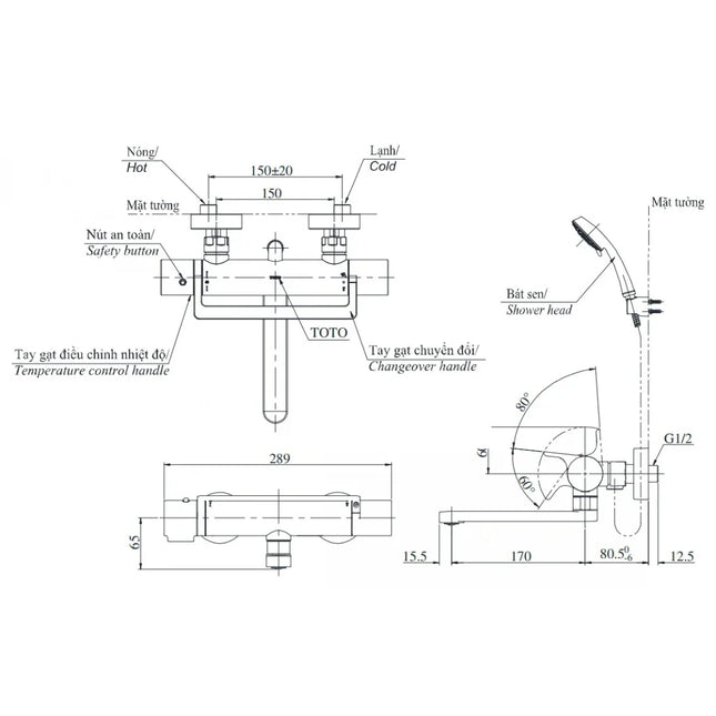 Vòi Sen Tắm Nhiệt Độ Nhật TOTO TBV03429V TBW03002B Xả Bồn