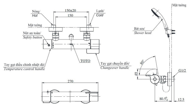 Vòi Sen Tắm Nhiệt Độ Nhật TOTO TBV03431V TBW02006V