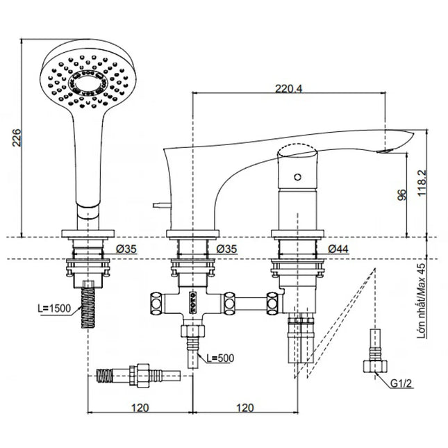 Vòi Xả Bồn Tắm TOTO TBG01305BB (TBG01305B) Gật Gù 3 Lỗ