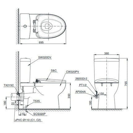 CS320PDRT3#W - Bàn cầu hai khối