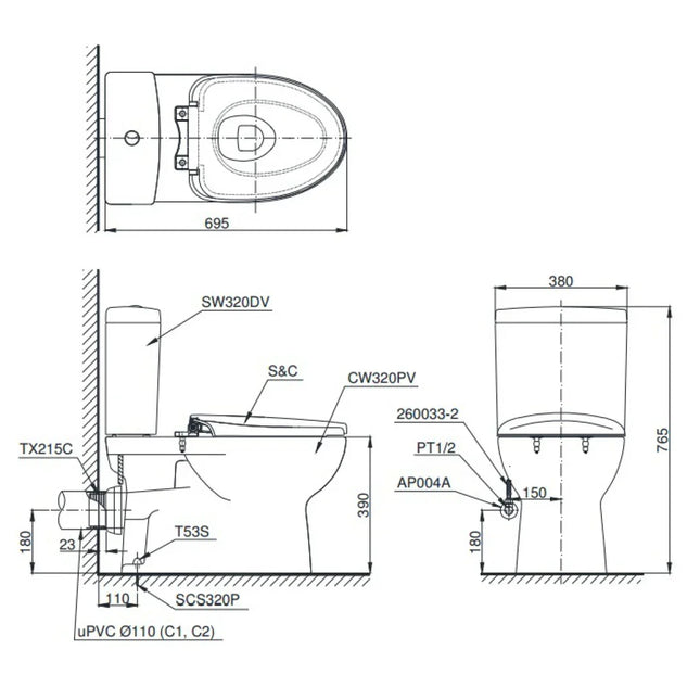 CS320PDRT3#W - Bàn cầu hai khối