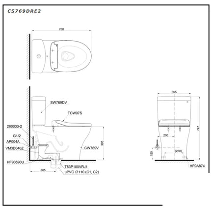 Cs769Dre2#Xw Bàn Cầu Hai Khối