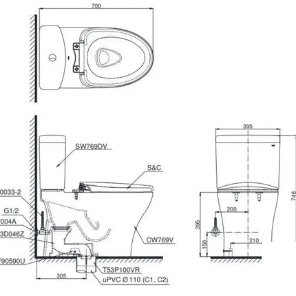 Cs769Drw16#Xw Bàn Cầu Hai Khối